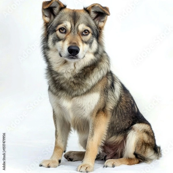 Obraz Adorable and alert mixed breed dog with fluffy fur and expressive eyes sitting on a plain white background in a studio portrait