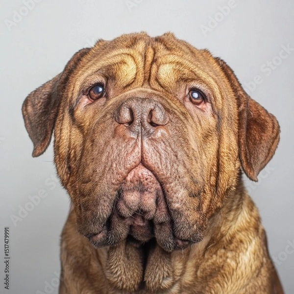 Obraz Close-up portrait of a large, muscular dog with expressive eyes and wrinkled skin, showcasing a breed with a broad head and powerful jaw on a plain neutral background