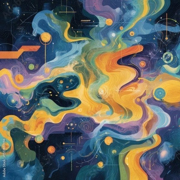 Fototapeta Abstract cosmic landscape.  Flowing colors, swirling patterns, and scattered celestial elements create a dynamic, otherworldly scene