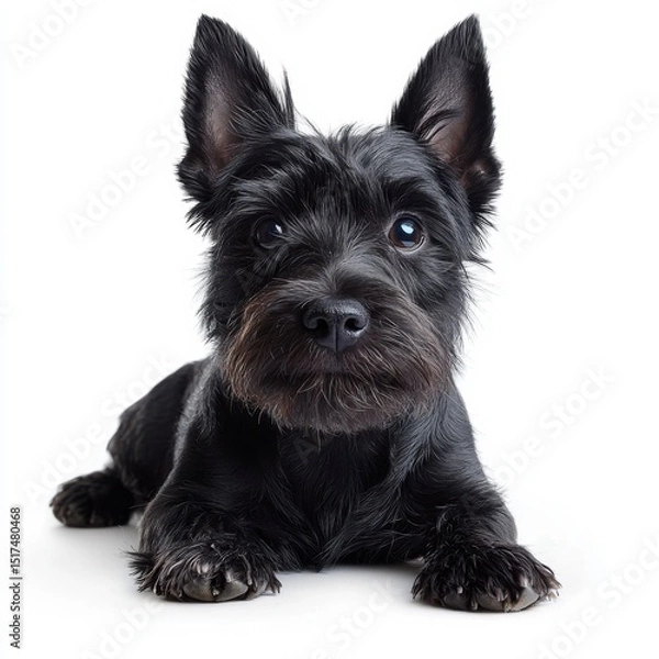 Obraz Adorable black puppy sitting on a white background with big expressive eyes and fluffy fur, showcasing cuteness and playful personality in a close-up portrait