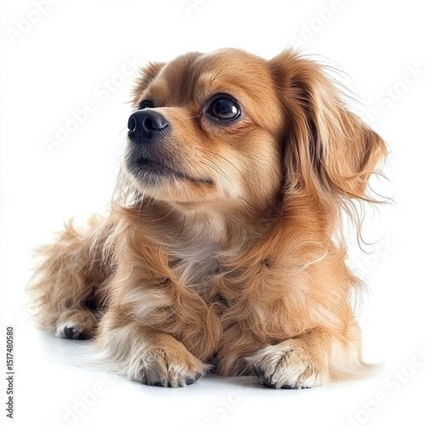Obraz Adorable small long-haired dachshund puppy lying on a white background with a curious expression and glossy coat, captu the playful and affectionate nature of the breed