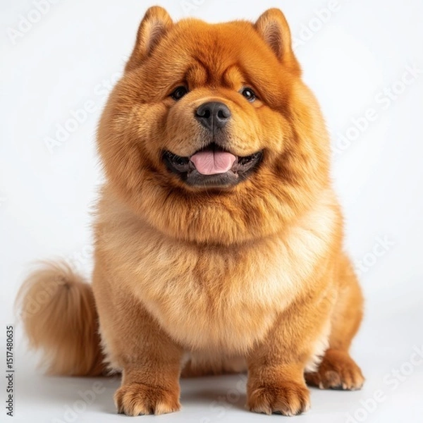 Obraz Adorable fluffy Chow Chow dog with thick orange fur and expressive eyes sitting on a plain white background, looking happy and friendly