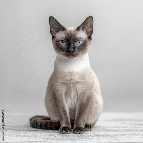 Obraz Elegant Siamese cat with striking blue eyes and sleek fur sitting on a light wooden surface against a plain white background