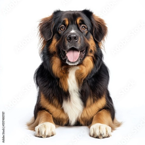 Obraz Friendly Bernese Mountain Dog puppy sitting on white background with happy expression, showcasing adorable young dog with thick black, brown, and white fur, cute face, and attentive eyes