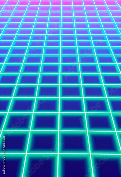 Fototapeta Futuristic 3D grid with glowing neon blue and purple tones, creating a digital retro atmosphere. Perfect for cyberpunk, synthwave, or virtual reality backgrounds and design projects