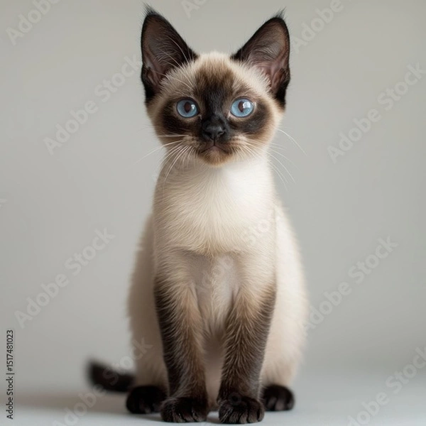 Obraz Adorable Siamese kitten with striking blue eyes sitting on a plain neutral background in a well-lit setting, showcasing detailed fur and alert expression