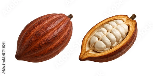 Obraz High-quality cocoa pod with one whole and one cut open to reveal fresh white cocoa beans inside. Perfect for chocolate production, agriculture, organic farming, transparent, clipping path