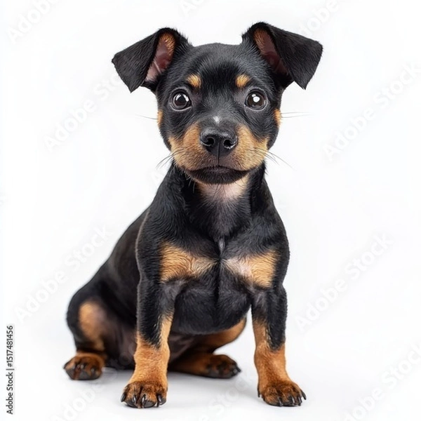 Obraz Adorable small black and tan puppy sitting against a plain white background with alert eyes and perky ears, showcasing a cute young dog for pet lovers and animal enthusiasts