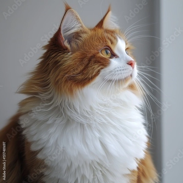 Obraz Elegant and fluffy ginger and white long-haired domestic cat gazing out the window showcasing eyes and soft fur, natural indoor lighting