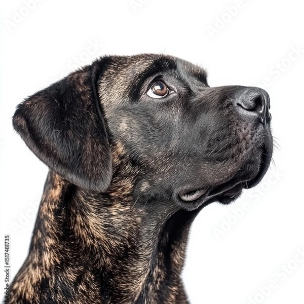 Obraz Close-up portrait of a brindle dog with expressive eyes looking upwards isolated on white background illustrating curiosity and alertness