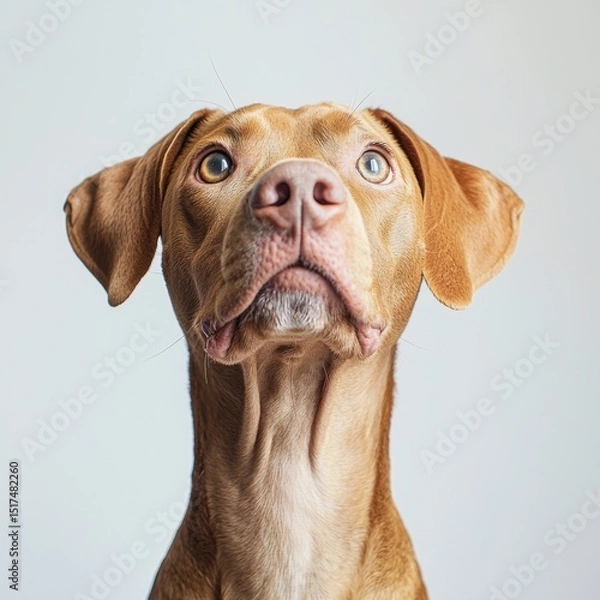Obraz Close-up portrait of a curious brown dog with expressive blue eyes and floppy ears against a plain light background, showcasing detailed facial features and realistic fur texture