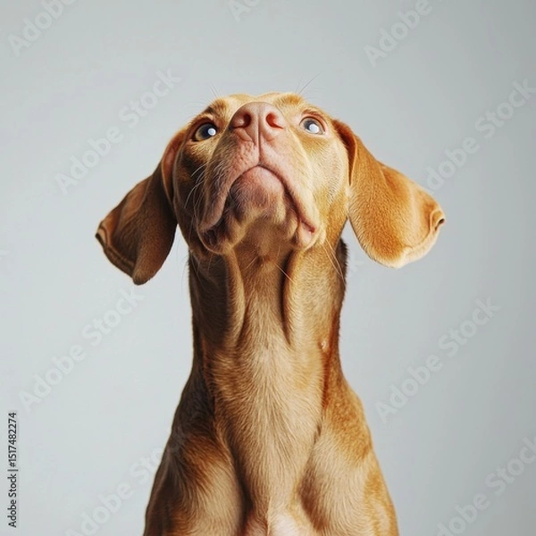 Obraz Close-up of a curious and attentive brown dog with expressive eyes and floppy ears looking upward against a plain light gray background