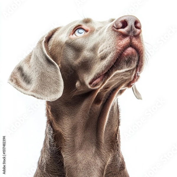 Obraz Close-up of a Weimaraner dog with striking blue eyes looking upward against a white background, showcasing its short sleek coat and attentive expression
