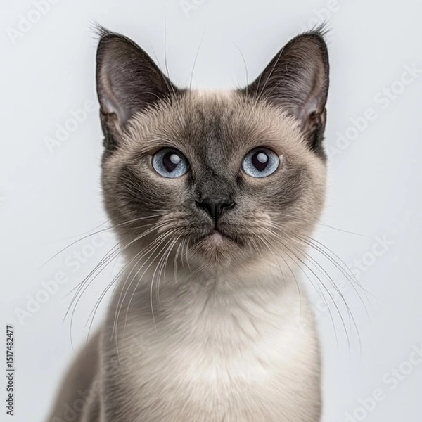 Obraz Close-up portrait of a Siamese cat with striking blue eyes and creamy fur looking directly at the camera against a plain light background
