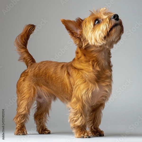 Obraz Adorable small fluffy terrier dog with expressive eyes and a curious stance standing on a light grey background for pet photography and animal portraits