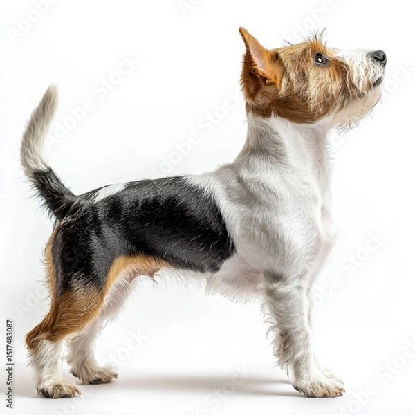 Obraz Small energetic terrier dog standing alert with pointed ears and expressive eyes on a plain white background perfect for pet and animal related projects
