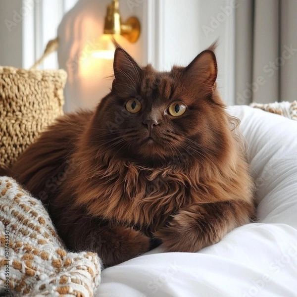 Obraz Cozy indoor scene with a long-haired brown cat relaxing on a bed in a sunlit bedroom with modern decor and soft pillows, creating a peaceful and inviting atmosphere