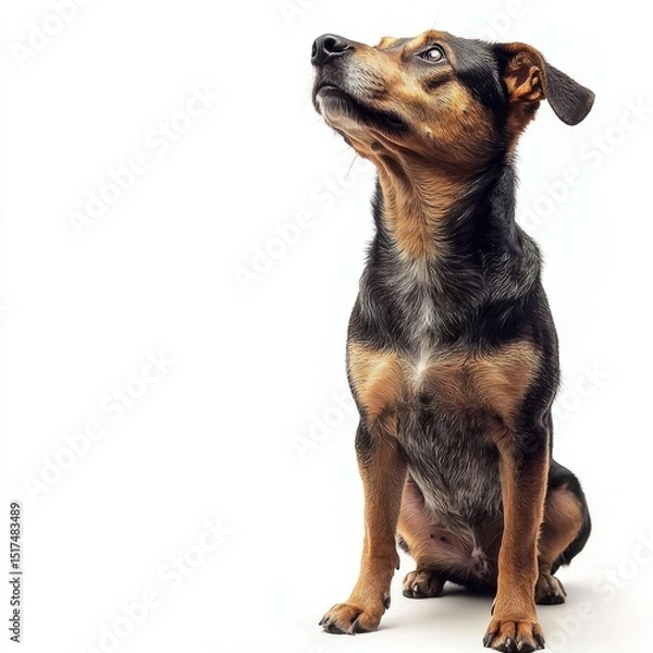 Obraz Adorable small mixed breed dog sitting attentively looking upwards with a curious expression isolated on a white background