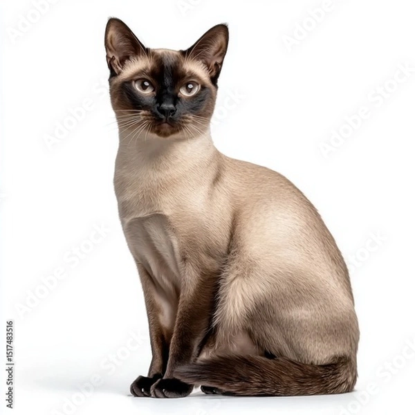 Obraz Beautiful Siamese cat sitting in a studio with a white background, showcasing sleek short fur, striking blue almond-shaped eyes, elegant posture, and a calm expression