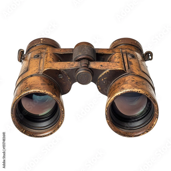 Obraz Vintage brass binoculars with detailed worn finish and large glass lenses. Png, Transparent background.