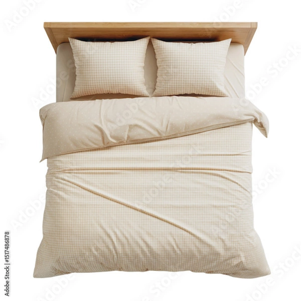 Fototapeta Top View of a Made Bed with Beige Gingham and Polka Dot Bedding on Wooden Headboard – Isolated on Transparent Background