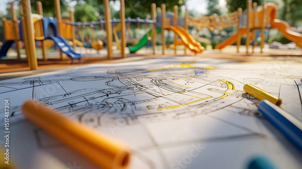Fototapeta Blueprints and Markers on a Playground Background