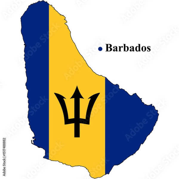 Obraz A barbados map silhouette with the flag colors and a trident symbol in the center on black background