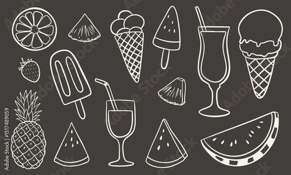 Fototapeta A hand-drawn vector illustration featuring a collection of summer-themed elements in white outline style on a dark background. The set includes ice cream, tropical drinks, summer fruits and other