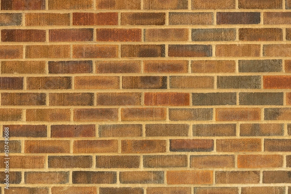 Fototapeta Abstract texture background of an exterior multi-shade reddish brown vintage brick wall surface speckled with blue, in traditional running bond brickwork pattern