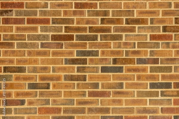 Fototapeta Abstract texture background of an exterior multi-shade reddish brown vintage brick wall surface speckled with blue, in traditional running bond brickwork pattern
