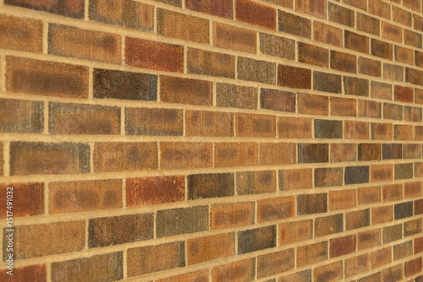 Fototapeta Abstract texture background of an exterior multi-shade reddish brown vintage brick wall surface speckled with blue, in traditional running bond brickwork pattern