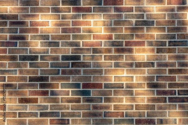 Fototapeta Abstract texture background of an exterior multi-shade reddish brown color vintage brick wall surface speckled with blue, in dappled sunlight from tree shadows