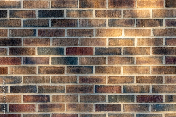 Fototapeta Abstract texture background of an exterior multi-shade reddish brown color vintage brick wall surface speckled with blue, in dappled sunlight from tree shadows