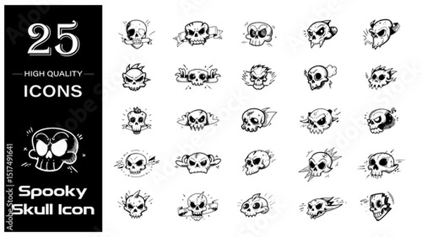 Obraz Spooky Skull Icons – Hand-Drawn Halloween Skull Vector Set (25 Pieces)