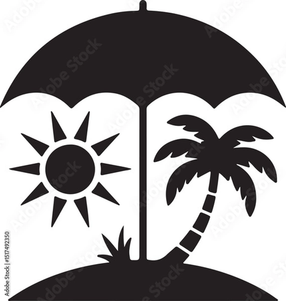 Fototapeta Beach Vacation Silhouette Vector – Palm Tree, Umbrella & Sun Icon for Tropical Summer Merch.