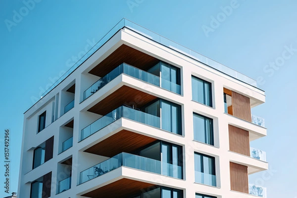 Fototapeta Low-Angle View of Modern Multi-Story Apartment Building with Glass Balconies