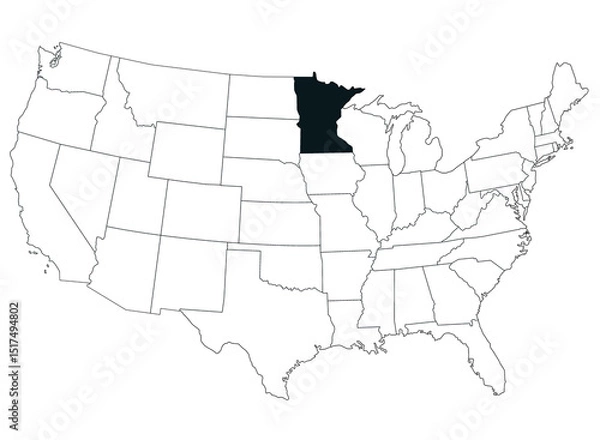 Fototapeta Map of Minnesota State in United States country on white background. Single State map highlighted by black colour on United States of America map. UNITED STATES, US