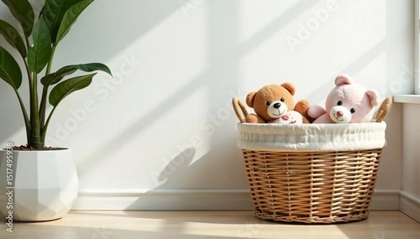 Obraz Wicker basket filled with soft toys sits next to a clean white wall in a minimalist living space, open space, wicker basket, pouf