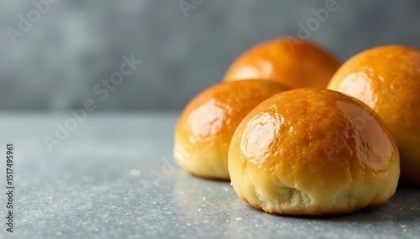Obraz Freshly baked homemade buns with a light golden crust on a gray surface, fresh baked, food styling, food display