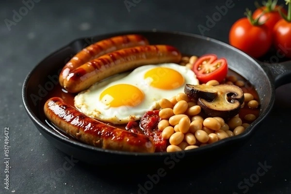 Obraz Sizzling plate of sausages, bacon, eggs, tomatoes, mushrooms and beans on a dark surface, sizzling food, breakfast spread, black background