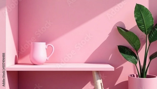 Fototapeta Pink Product Against Modern Wall with Empty Table and Bar in Studio Room, shelf, bar counter, background