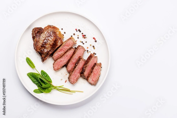 Fototapeta A perfectly cooked sliced striploin steak with a juicy, tender texture