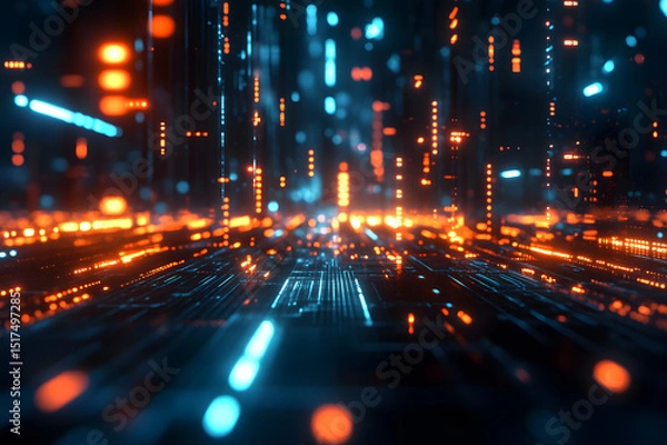 Fototapeta Futuristic Cityscape in Orange and Teal with Glowing Structures and Bokeh Effects