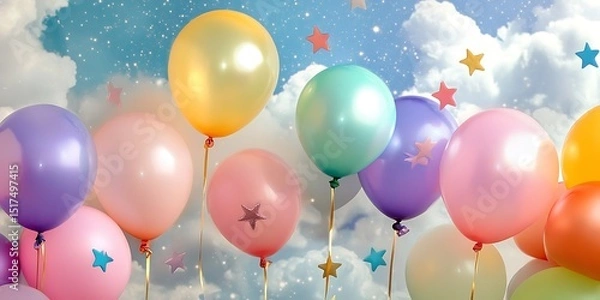 Fototapeta Pastel balloons floating in a cloudy sky
