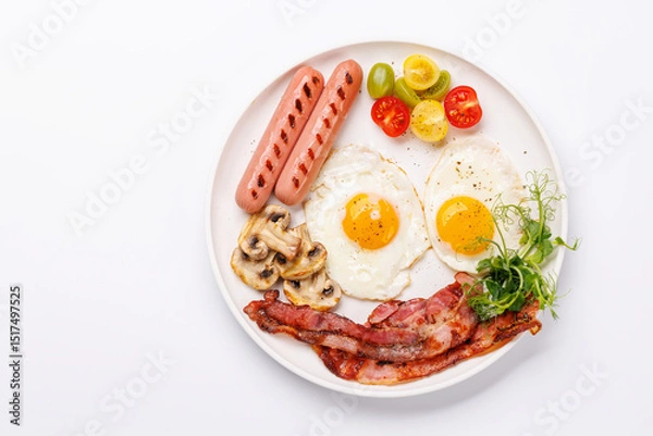 Fototapeta A classic breakfast plate featuring sunny-side-up eggs, crispy bacon, sausages, and fresh tomatoes