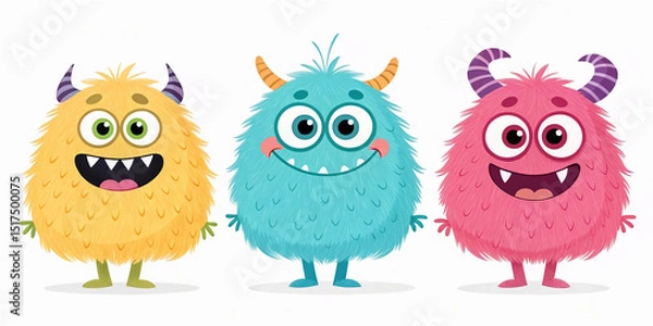 Obraz PNG Colorful fluffy cartoon monsters, element set on transparent background