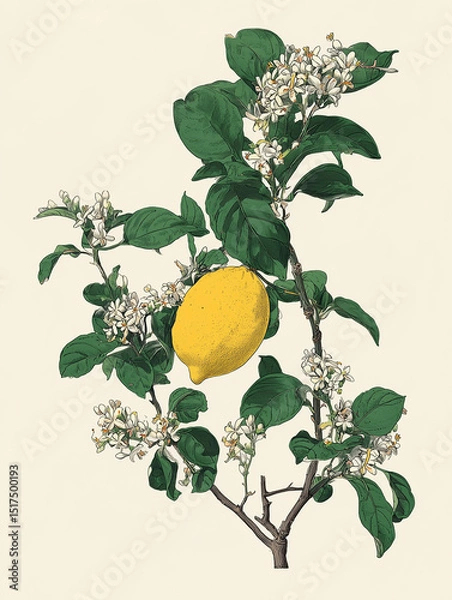 Fototapeta lemon with Summer flowers and butterflies, white background, hand drawn style, vintage  