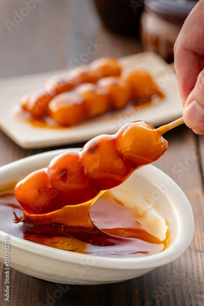 Fototapeta A close-up of traditional Japanese mitarashi dango—skewered rice dumplings grilled to perfection and coated with a glossy, sweet soy sauce glaze. The caramelized surface and rich glaze highlight the a
