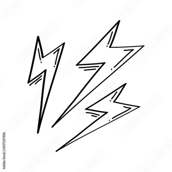 Fototapeta Set of Hand drawn electric lightning. Doodle thunderbolt and thunderstorm. isolated on white background. vector illustration