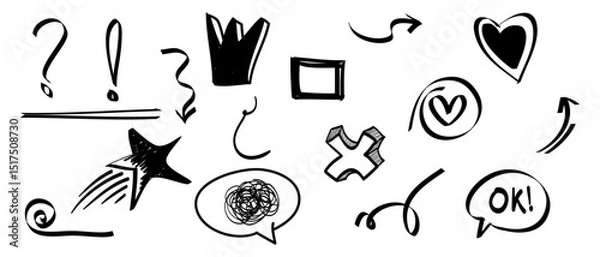 Fototapeta Hand drawn set of doodle design elements. Crown, arrow, curly swishes, exclamation, star, hearts. used for infographic concept design